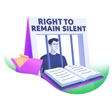 A modern pastel illustration depicting a person standing behind bars, with a concerned expression. The figure is partially shaded to emphasize the theme of confinement. Above the person, the words "Right to Remain Silent" are displayed in bold, dark letters. To the side, there is an open law book, symbolizing the importance of legal representation. The background features soft colors that enhance the seriousness of the scene, creating a clear focus on the key elements.