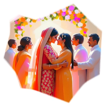 A bride with a radiant smile and traditional attire is embracing her family members in an emotional farewell after the Anand Karaj ceremony. She is wearing a richly embroidered red and gold lehenga, adorned with intricate jewelry that sparkles in the light. Her hair is beautifully styled, and a delicate dupatta is draped over her head. Surrounding her, her family members, including her parents and siblings, are expressing their love and support, with tears of joy in their eyes. The backdrop features vibrant floral decorations and warm lighting, creating an intimate atmosphere for this poignant moment.