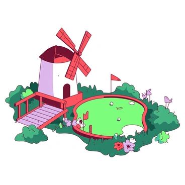 A vibrant mini-golf hole featuring a large windmill obstacle. The windmill has bright red blades that are spinning, creating a sense of motion. The base of the windmill is painted in a cheerful white color, complementing the lush green grass surrounding the hole. A small bridge made of wood leads golfers to the putting green, which is dotted with colorful flags marking the hole. Various colorful plants and flowers are arranged around the course, adding to the lively atmosphere of the scene. The ball is positioned near the hole, ready to be putted.