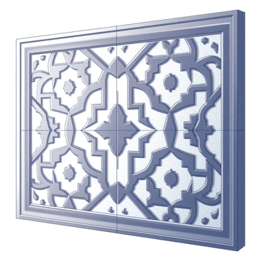 A large panel of Islamic tilework displaying intricate geometric patterns. The design features a series of interlocking shapes, creating a visually complex arrangement. The tiles have a symmetrical layout, with various motifs replicating across the surface. Detailed borders frame the central design, adding to the overall structure of the artwork. Each geometric shape is sharply defined, showcasing a meticulous craftsmanship in the arrangement.