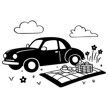 A classic car with a polished exterior parked on a grassy field. A picnic blanket is spread out on the ground beside the car, adorned with a checkered pattern. A wicker picnic basket is placed on the blanket, partly open, revealing fruits and sandwiches. There are several plates and cups neatly arranged around the basket. In the background, wildflowers are scattered throughout the field, adding detail to the scene. The sky is clear, with a few fluffy clouds drifting by.