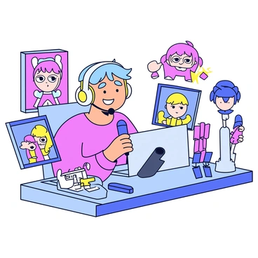 A streamer is sitting at a desk with a microphone, displaying an enthusiastic expression. The streamer has short, colorful hair and is wearing a gaming headset. On the desk, there is a laptop with the game displayed on the screen. Surrounding the streamer are various art pieces, including posters of characters from the game and plush toys. There are also game-related props, such as a replica weapon and collectible figures, scattered around the setup. Bright LED lights illuminate the scene, creating a lively atmosphere.