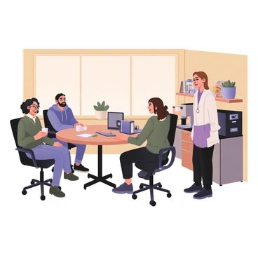 A digital flat illustration depicting a cozy break room filled with call center employees enjoying a coffee break. On the left, a woman with dark hair and glasses is seated at a round wooden table, smiling as she holds a white coffee cup. Next to her, a man with curly hair and a beard is leaning back in his chair, relaxed, with a blue hoodie and jeans. Across from them, a woman with light brown hair is standing by a coffee machine, pouring coffee into a mug, wearing a green sweater and black pants. The walls of the break room are painted a soft yellow, and a large window lets in warm light, with potted plants on the window sill. On a nearby shelf, there are snacks and a few magazines scattered about, enhancing the cozy atmosphere.