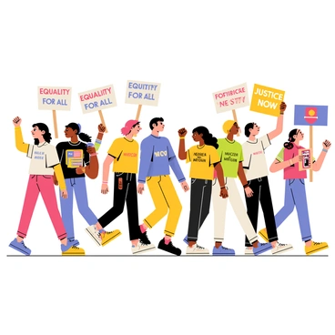 A diverse group of people energetically marching in a peaceful protest. The individuals include men and women of various ethnic backgrounds, all displaying determined expressions. They hold colorful signs with messages like "Equality for All" and "Justice Now," featuring bright colors such as red, blue, and yellow. Some participants are wearing casual clothing, while others are dressed in t-shirts with slogans. The scene is lively, with people raising their fists and sharing smiles as they march together.