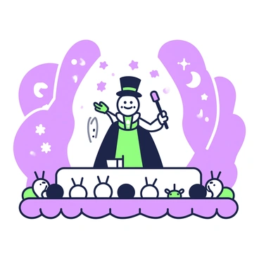 A fly dressed in a magician's outfit with a small top hat and a cape is on a stage. The fly is holding a tiny wand in its front legs, casting a spell. Behind the fly, there is a backdrop with stars and moon motifs. A small audience of insects is seated in front, watching with anticipation. The stage is illuminated with bright lights focused on the fly, emphasizing its magical performance.