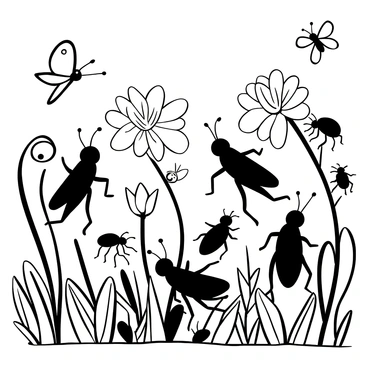 A group of grasshoppers of various sizes and shapes is seen hopping among tall blades of grass in a diverse grassland ecosystem. Some grasshoppers are interacting with butterflies fluttering nearby, while others are perched on vibrant wildflowers. Ants are crawling along the ground, navigating around the grasshoppers. A ladybug is resting on a leaf near the grasshoppers, and a dragonfly hovers above the scene. The grassland is filled with different types of grass and a variety of small plants, creating a lively environment.