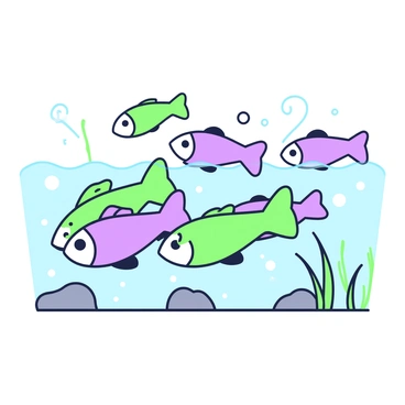 A school of fish is swimming in a clear lake. The fish are depicted with bold shapes, showcasing their distinct features. Each fish has streamlined bodies and fins that ripple through the water. The group moves together in a fluid pattern, creating a dynamic scene as they navigate through the lake. The surface of the water reflects the sunlight, creating a shimmering effect around the fish. The lake's bottom is visible, featuring smooth stones and aquatic plants swaying gently with the current.