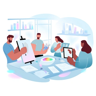 A diverse group of artists is gathered in a lively studio. One artist is sketching on a large canvas, surrounded by colorful paint tubes and brushes. Another artist is holding a vibrant palette, engaged in conversation with a third artist who is displaying a digital tablet filled with designs. In the background, shelves are stocked with art supplies, and large windows allow soft, natural light to flood the space. Various art pieces are displayed on the walls, showcasing different styles and techniques. A large table is cluttered with books and sketches, emphasizing the collaborative atmosphere.