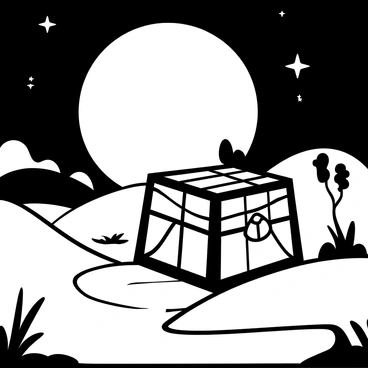 The Ark of the Covenant is positioned prominently in the center of a tranquil landscape. The full moon casts a gentle glow over the scene, illuminating the Ark's intricate details and its ornate design. Surrounding the Ark, there are rolling hills and a smooth, reflective body of water that mirrors the moonlight. Sparse trees are dotted around the landscape, their silhouettes softly outlined against the brightness of the night sky. Stars are visible in the clear sky, adding to the serene atmosphere of the setting.