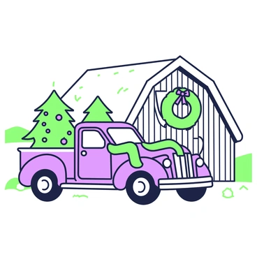 A vintage truck is parked next to an old barn. The truck is adorned with green and purple garlands wrapped around the side mirrors and the front grille. The bed of the truck is filled with pine trees, all decorated with a mix of green and purple ornaments. The old barn features a large wreath on its wooden doors, with bright green and purple ribbons hanging down. Snow is lightly dusted on the roof of the barn and the truck, creating a wintery scene. In the background, there are snow-covered fields and a clear sky.