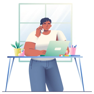 An entrepreneur with medium skin is standing at a modern desk, juggling multiple tasks. In her right hand, she is holding a smartphone up to her ear, while her left hand is busy typing on a laptop that is open in front of her. She has short, dark hair and is wearing a fitted white blouse and dark jeans. On the desk, there is a notepad with colorful sticky notes and a cup filled with pens. A large window behind her lets in natural light, illuminating the room, and there is a potted plant on the corner of the desk.