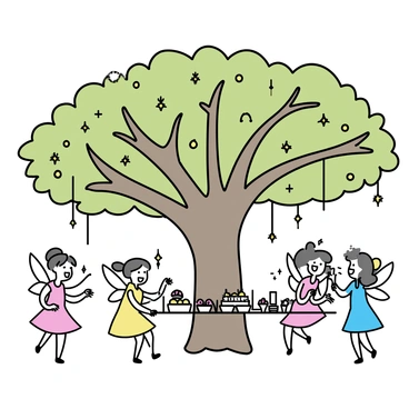A group of fairies with delicate wings, wearing vibrant, colorful dresses, are gathered under a giant oak tree. The tree's thick trunk and sprawling branches create a magnificent canopy overhead. The fairies are joyfully interacting, some dancing while others are sitting at a long table. The table is beautifully set with an array of fruits, pastries, and drinks. Sparkling decorations, resembling twinkling lights, hang from the branches and glisten in the soft light. The atmosphere is festive, filled with laughter and camaraderie among the fairies.