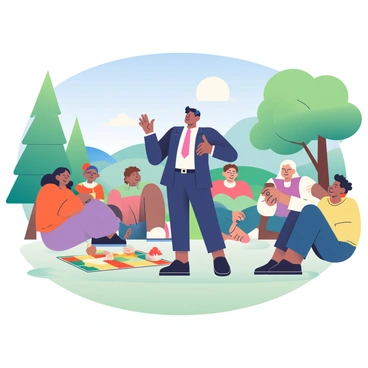 A CEO with short black hair and wearing a tailored navy suit is leading a team-building exercise in a scenic outdoor setting. Surrounding them are several employees of diverse backgrounds, all dressed in casual, comfortable clothing. They are gathered in a circle on a grassy area under a clear blue sky, with tall trees providing shade in the background. The CEO is animatedly demonstrating a team activity, gesturing with enthusiasm. Some employees are smiling and participating actively, while others are observing with interest. In the distance, there are rolling hills enhancing the picturesque atmosphere of the scene. In the foreground, a colorful picnic blanket with snacks is laid out, adding to the sense of camaraderie.