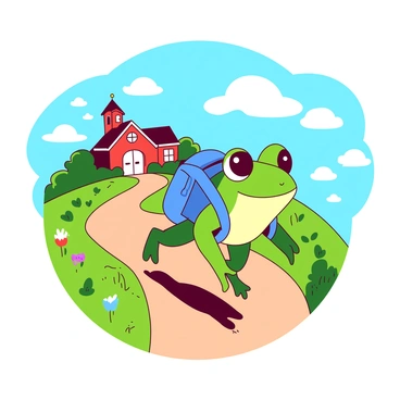 A green frog with large eyes is wearing a small blue backpack as it hops along a winding dirt path. In the background, there is a tiny red schoolhouse with a white door and a small bell tower on top. The frog is smiling as it approaches the schoolhouse, and there are patches of green grass and colorful flowers lining the path. The sky above is bright blue with fluffy white clouds scattered throughout.