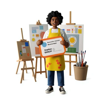 An artist with long, curly hair and wearing a bright paint-splattered apron stands confidently, holding a giant "Illustration License" card. The card is oversized, colorful, and features detailed text that includes "Price: $500" and "Rights: Exclusive". The artist's expression conveys pride and excitement as they display the card in front of a backdrop filled with various art supplies, such as paintbrushes, canvases, and a palette. The setting is a bright, well-lit artist's studio.