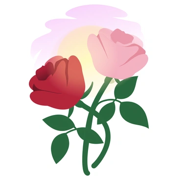 A scenic sunset is filling the background with gradient pastel colors, casting a warm glow across the horizon. Silhouetted against this vibrant backdrop are two intertwined roses, one a deep red and the other a soft pink. The roses have lush green leaves prominently displayed, adding depth to the image. The overall composition captures the essence of romance, with the sunset reflecting off the petals and the roses elegantly twisting around each other.