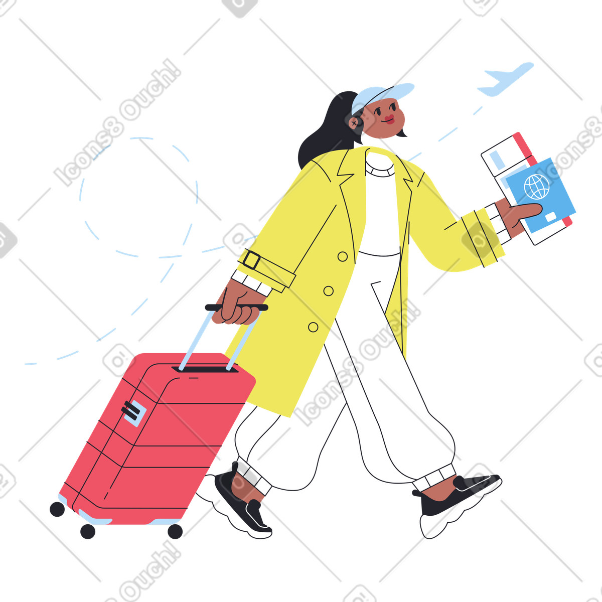 Traveler with luggage ready for flight, Air travel journey illustrazione animata in stile Boba scaricabile in GIF, Lottie (JSON), AE