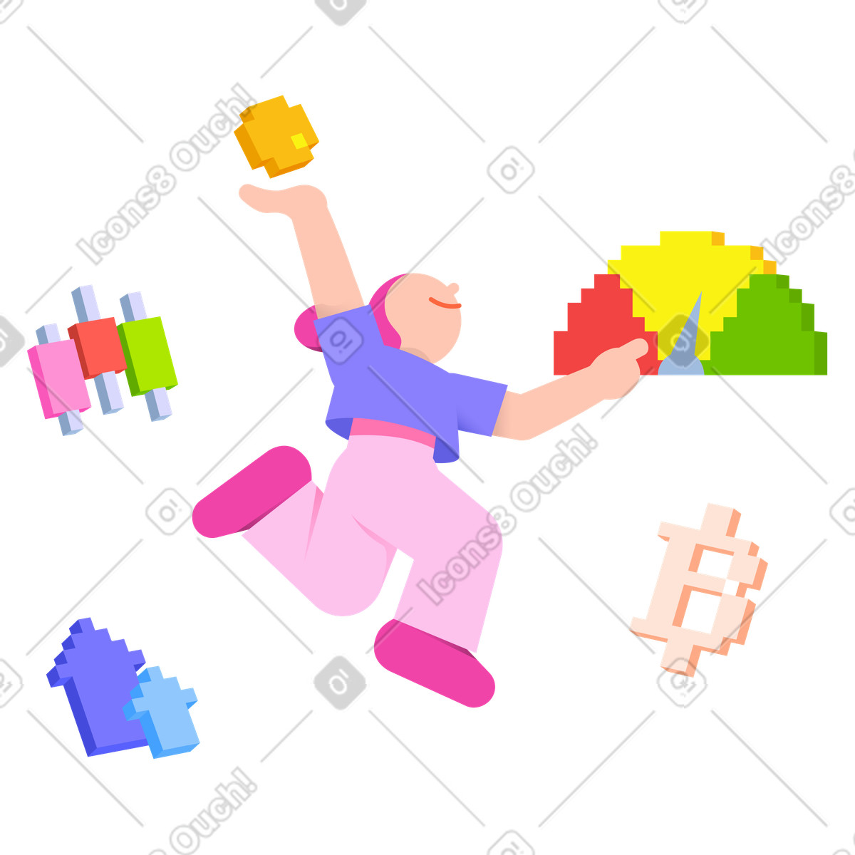 Young woman analyzing financial risks illustration in 8bit style download in PNG, SVG