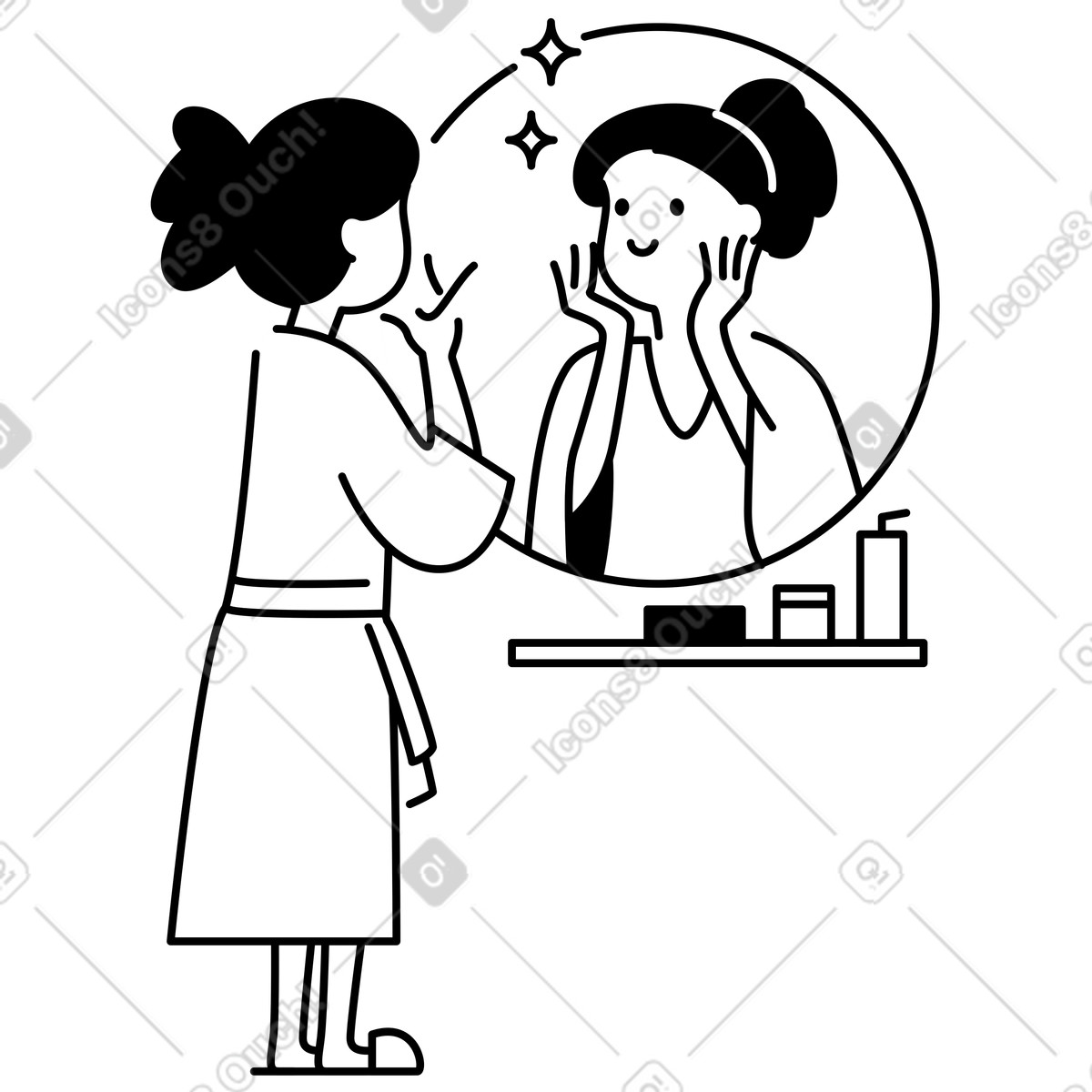 Skincare routine woman in bathrobe admiring face mirror illustration Notion Line Art style download PNG, SVG