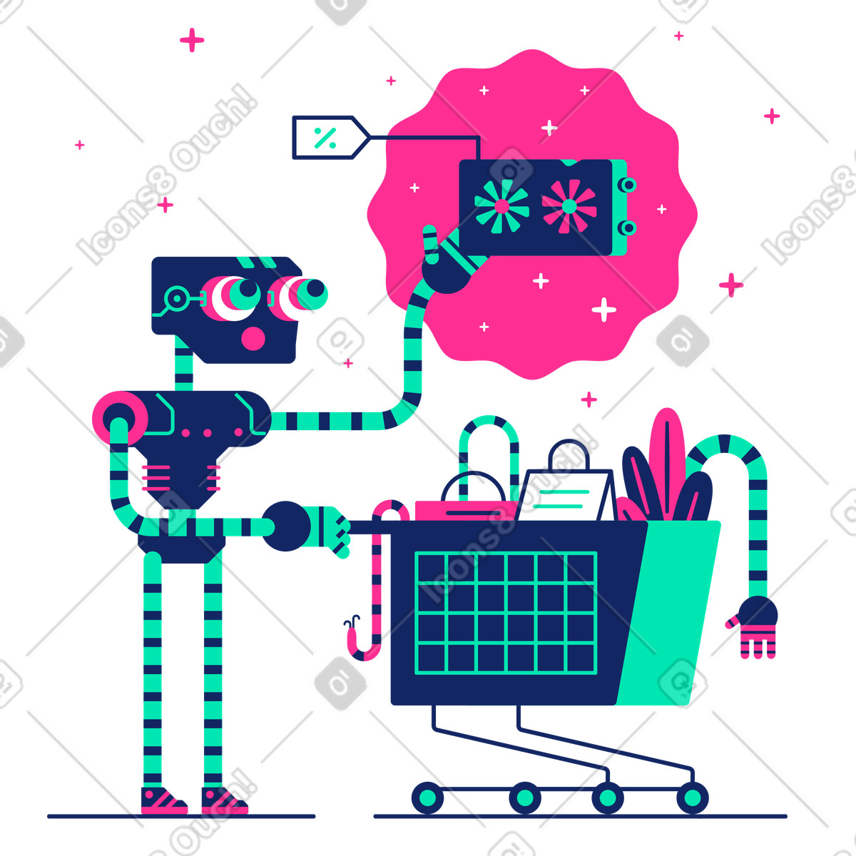 Robot with shopping trolley shopping on black friday illustration in PNG, SVG