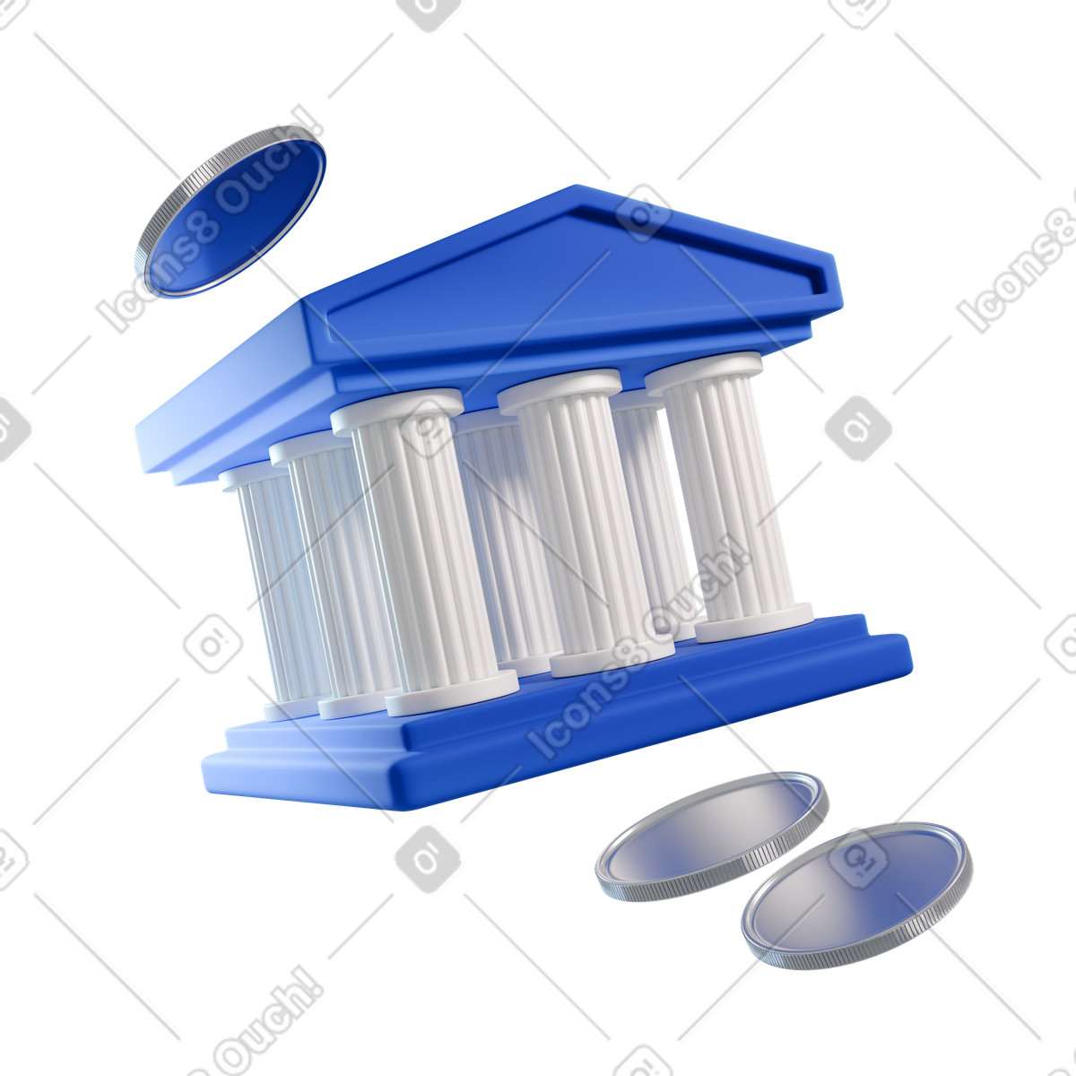 Illustration animée Bâtiment bancaire avec pièces de monnaie, compte d'épargne, services dépôt dans le style 3D Blueprint à télécharger aux formats GIF, Lottie (JSON), AE