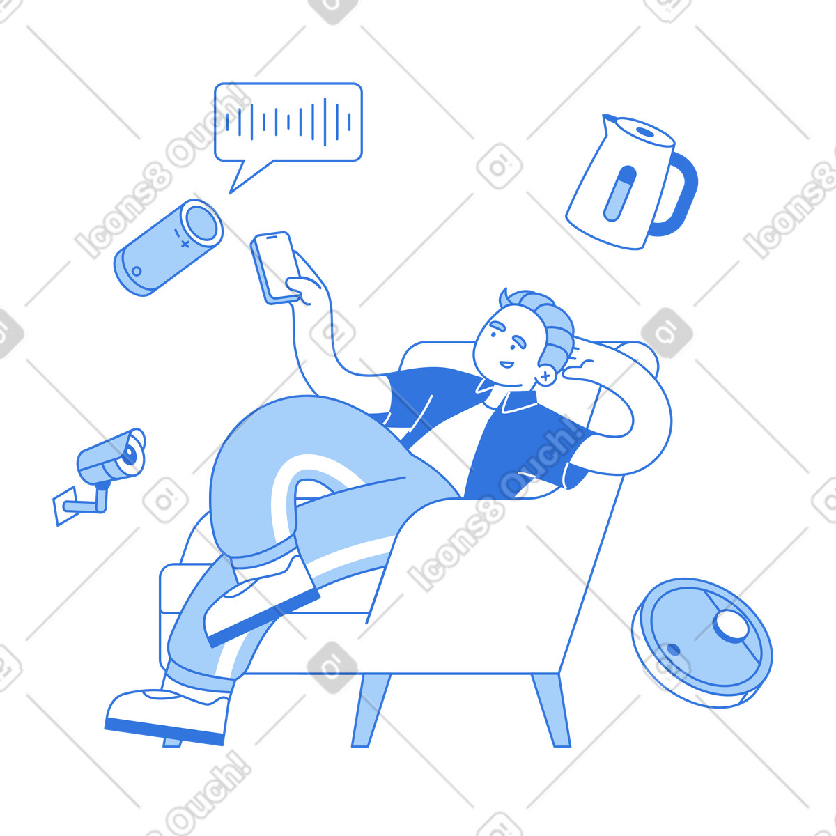 Overseeing home tech with mobile app, Internet of Things ecosystem illustration in Sky style download in PNG, SVG