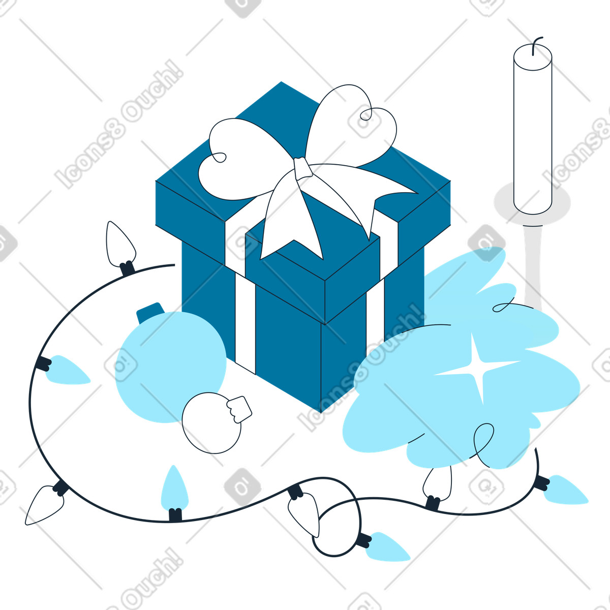 Illustration Wrapped present with holiday baubles and lights, Festive gift-giving dans le style Indigo à télécharger aux formats PNG, SVG