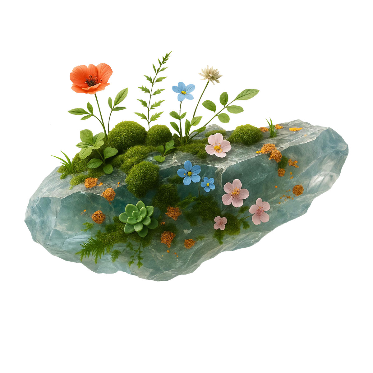 Fern, moss, and blossoms on aquamarine crystal, Terrarium design concept illustrazione in stile Biomorphic scarica in PNG, SVG