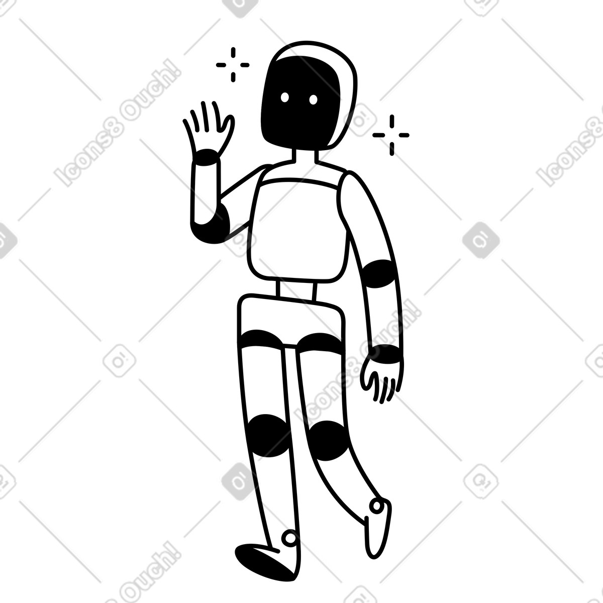 Robot humanoid waving hand with simple joints and minimal face illustrazione in stile Notion Line Art scarica in PNG, SVG