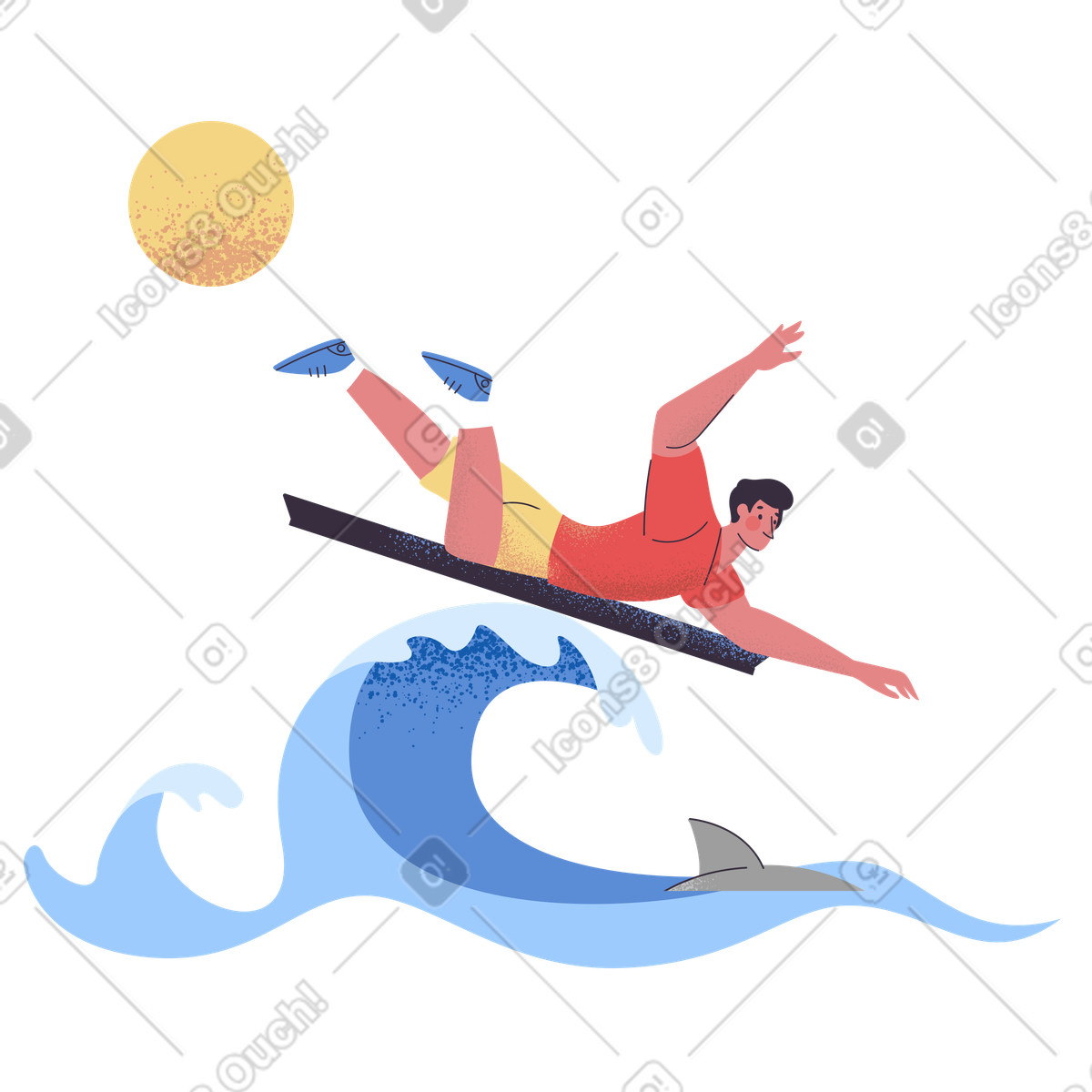 Il surfista incontra uno squalo nel mare illustrazione in stile Pale scarica in PNG, SVG