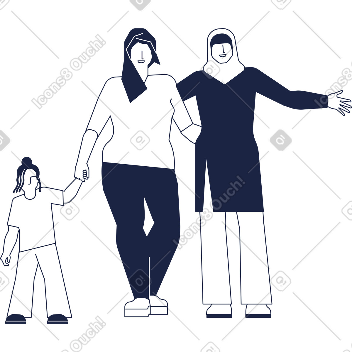 Illustration Deux femmes africaines avec enfant dans le style Urban Line à télécharger aux formats PNG, SVG