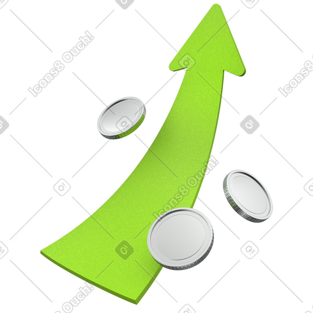 Green arrow with coins illustration in 3D Enterprise style download in PNG, SVG