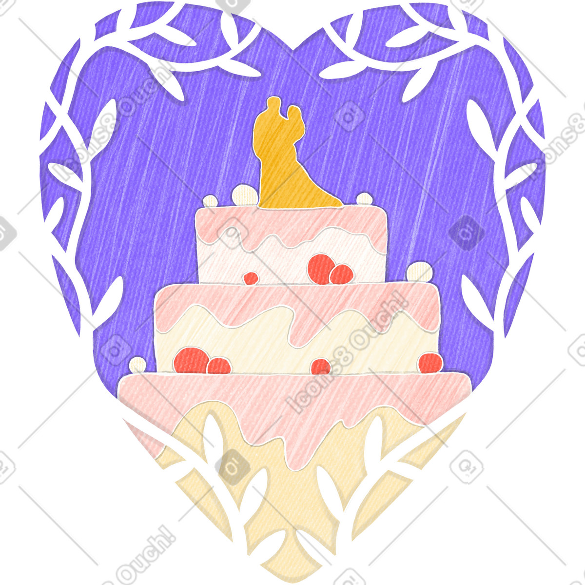 Lilac frame in the shape of a heart with wedding cake illustrazione stile Crafty scarica PNG, SVG