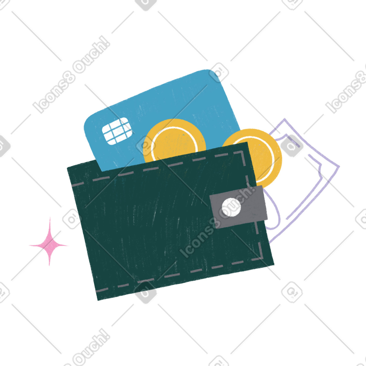 Ilustração de Carteira com moedas, notas e cartão bancário em no estilo Tutti para baixar em PNG, SVG