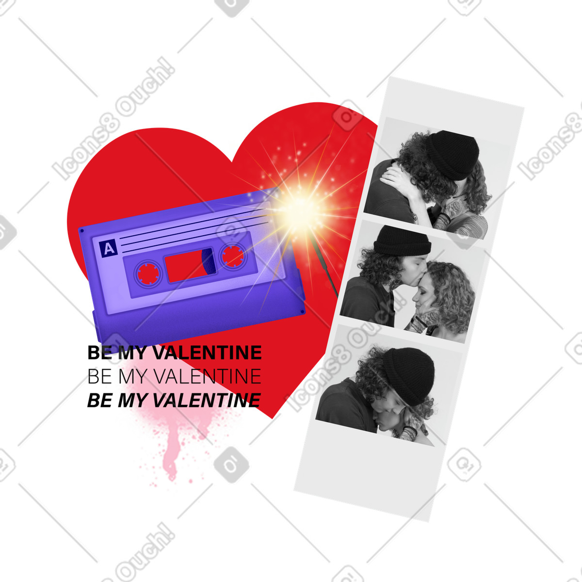 Photo strip of a couple in love and heart illustration Jumble style download PNG, SVG