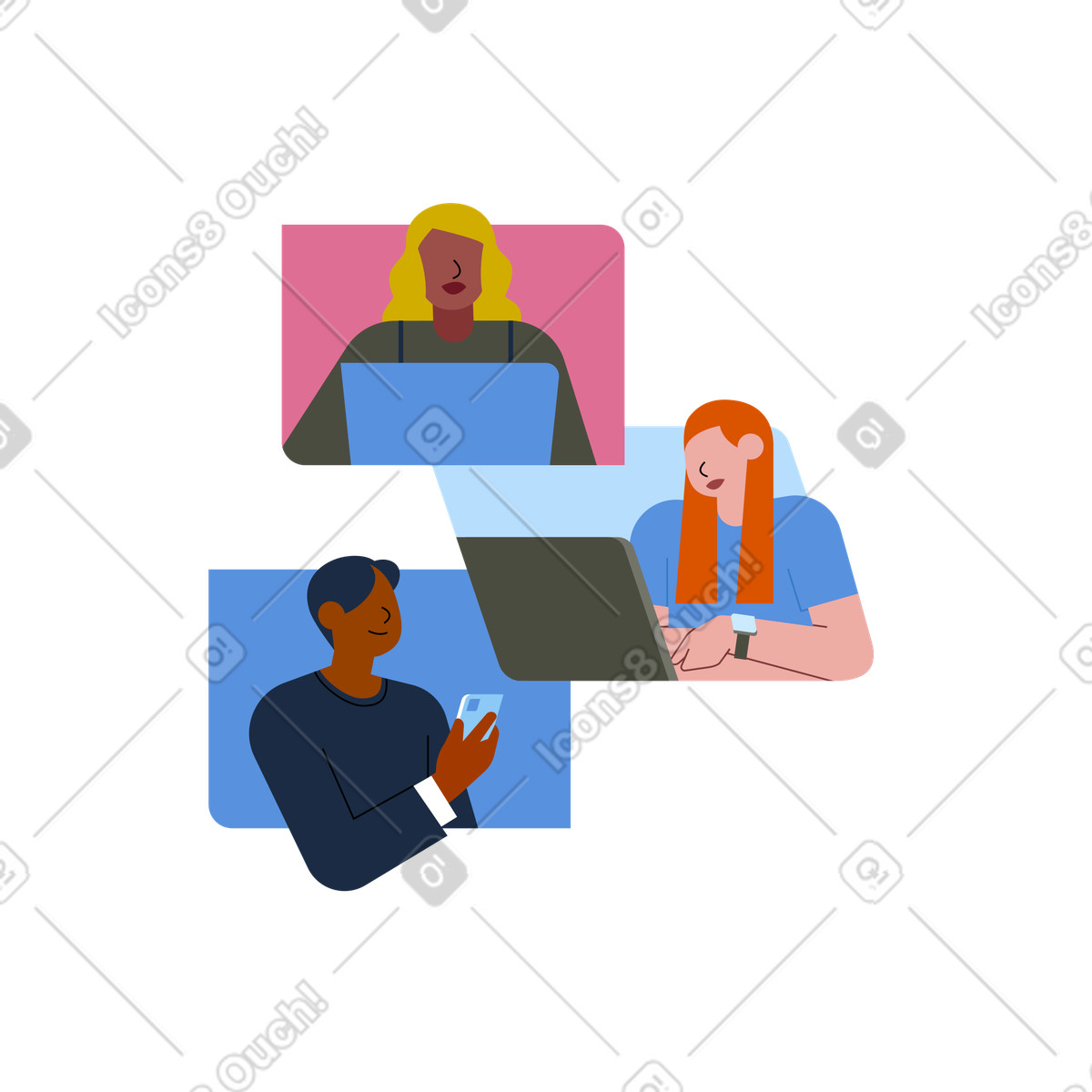 Team members working online illustration in Vector style download in PNG, SVG