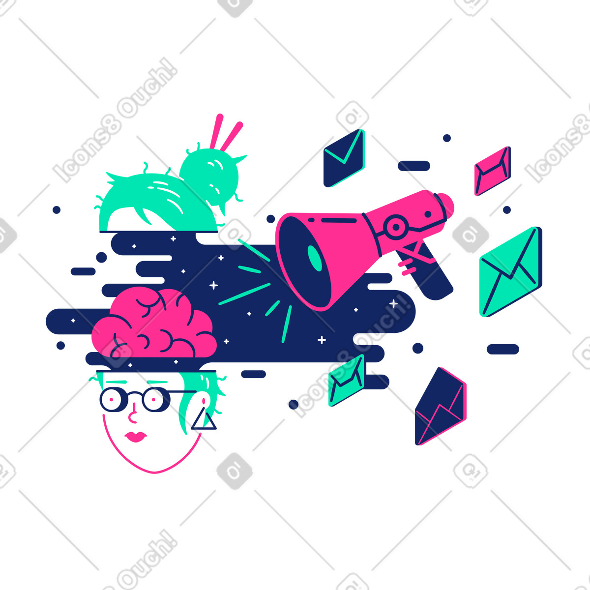 Pubblicità di marketing spam diretto al cervello della donna illustrazione in stile Cyborg scarica in PNG, SVG
