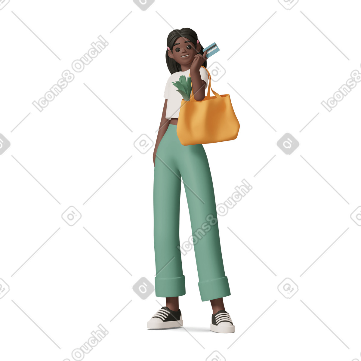 Ilustración Black girl with grocery bag holding credit card en estilo 3D Casual life a descargar en PNG y SVG