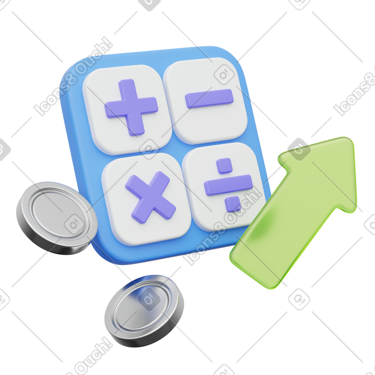 Illustration Investment growth with calculator buttons and rising arrow dans le style 3D Playful à télécharger aux formats PNG, SVG