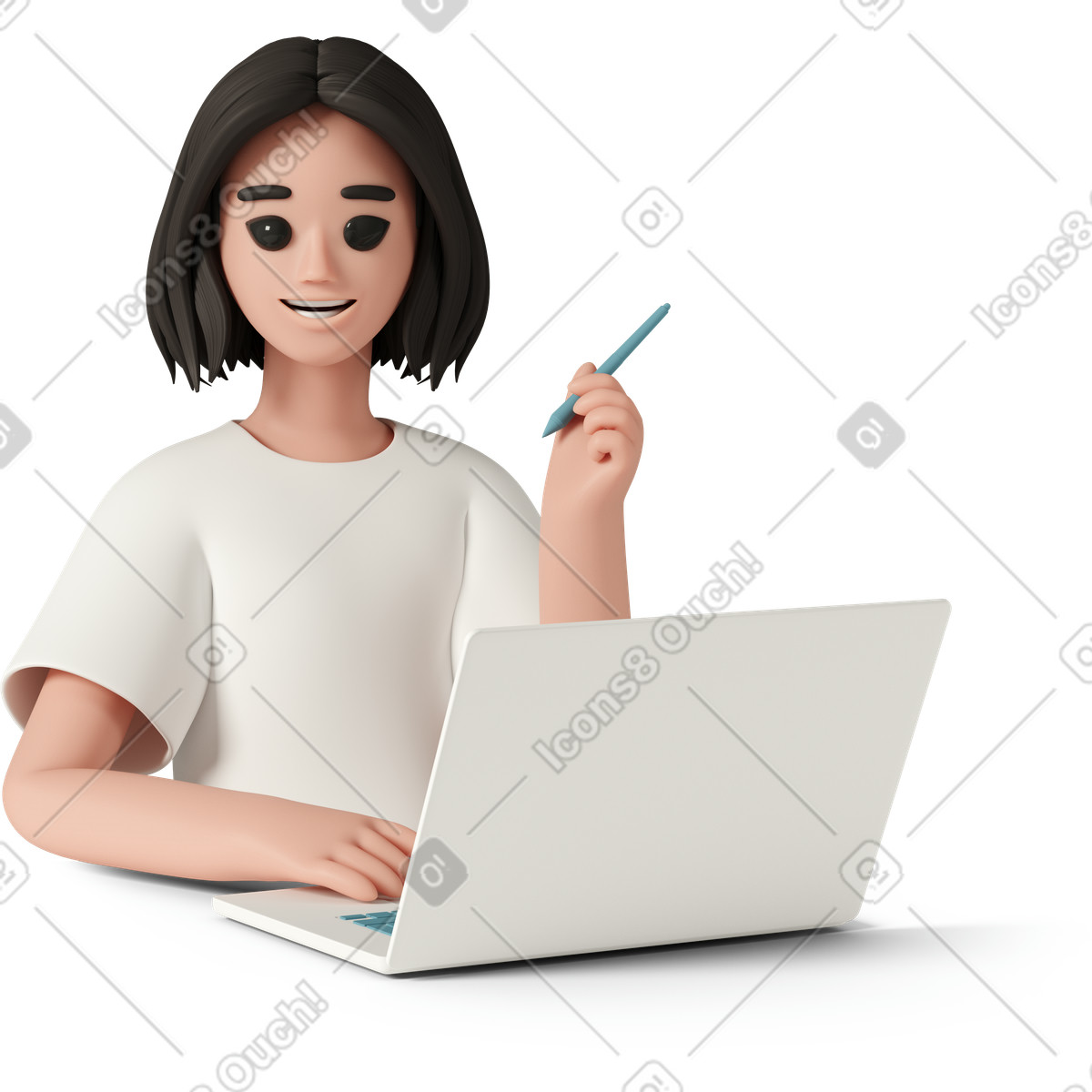Young smiling woman working at laptop-Illustration im 3D Casual life-Stil als Download in PNG, SVG