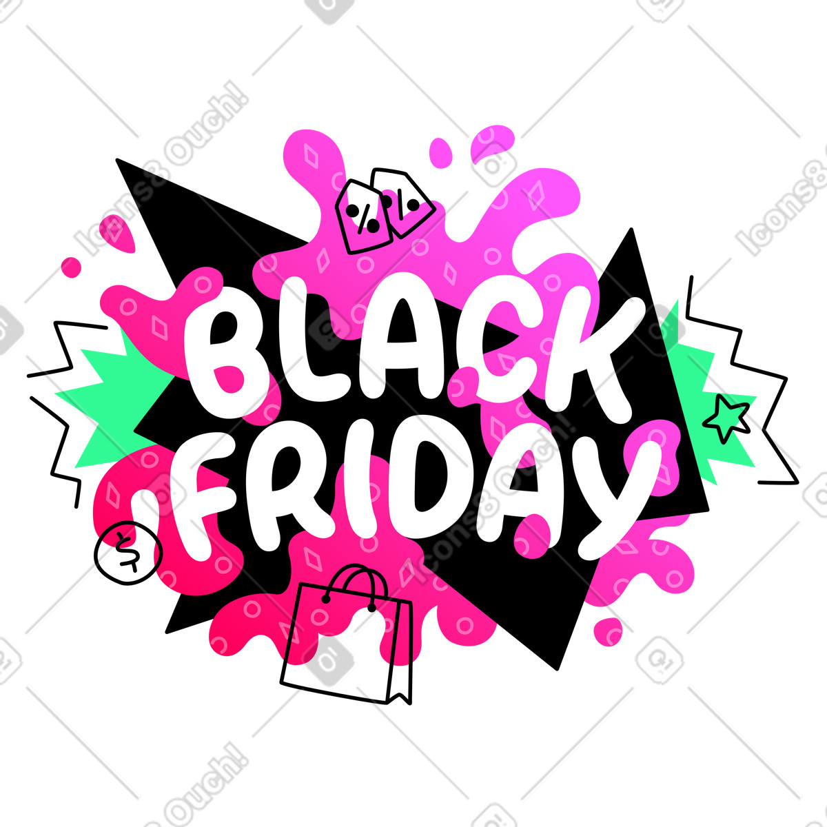 Ilustración Black friday letras coloridas con garabatos en estilo Rocky a descargar en PNG y SVG