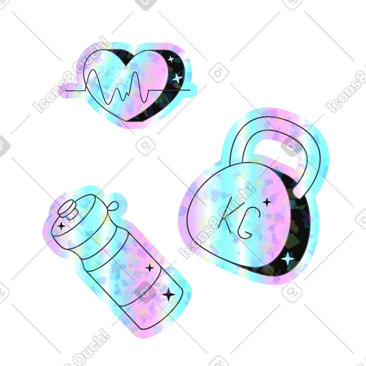 Holostickers スタイルの Kettlebell, water bottle and heart rate のイラストをPNG、SVG形式でダウンロード