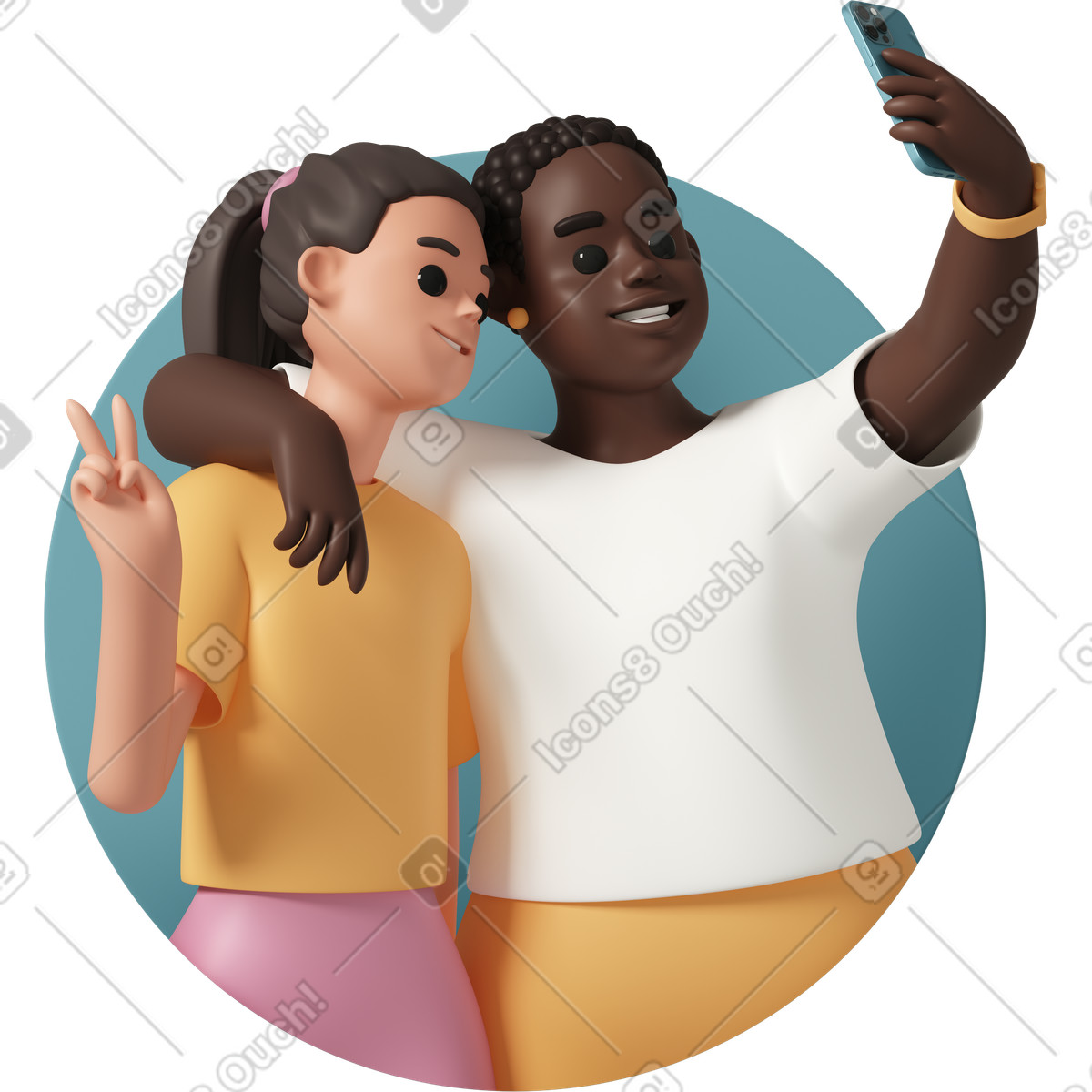 下载 3D Casual life 风格的 Two friends taking selfie by smartphone 插画，支持 PNG、SVG 格式