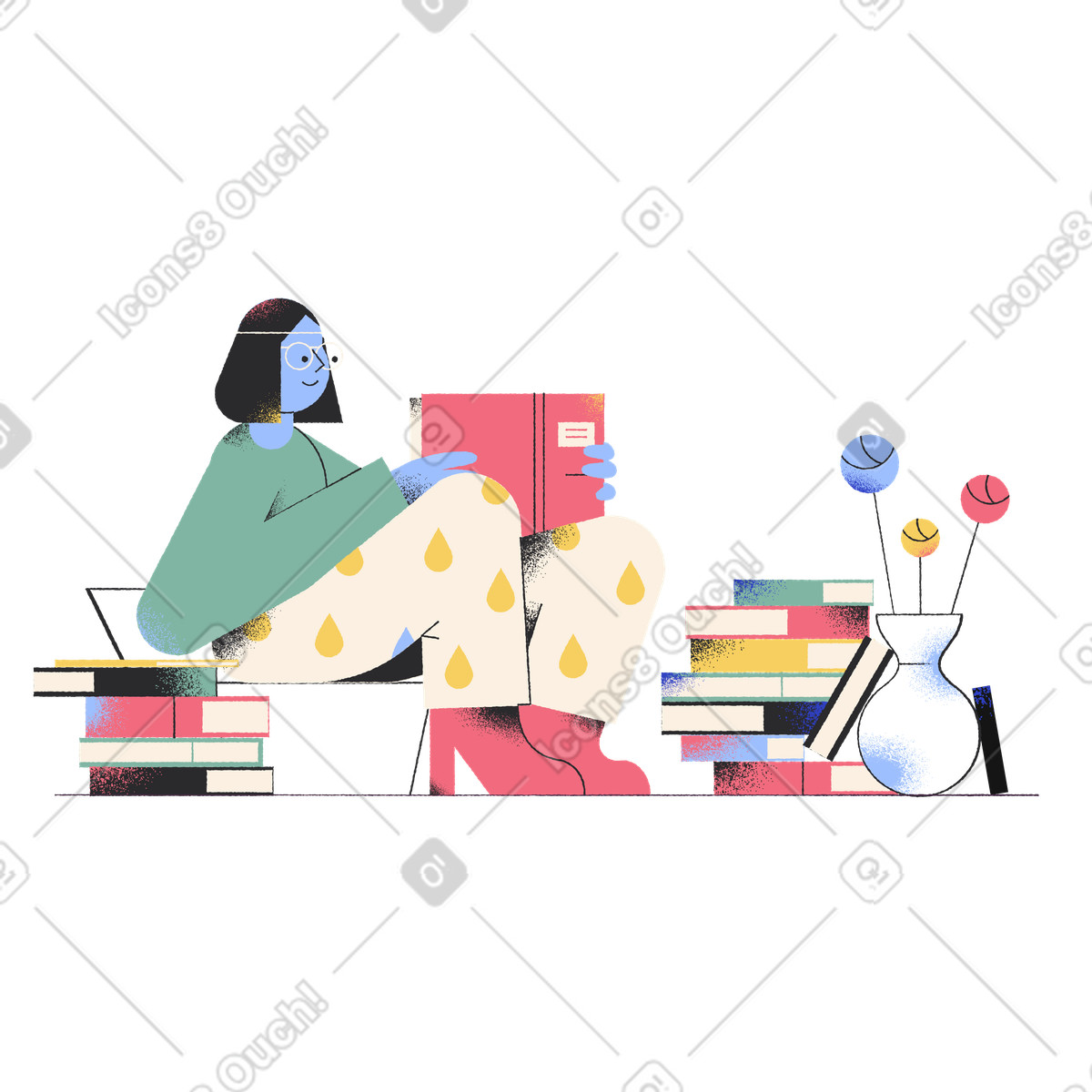 Donna seduta su una pila di libri e lettura illustrazione in stile Pablo scarica in PNG, SVG