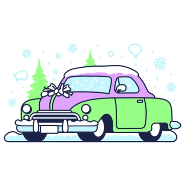 A wedding car is parked elegantly, adorned with artificial snow on the hood and roof. The front of the car features intricate silver ornaments, including delicate snowflakes and shimmering ribbons. The car's windows are decorated with a frost-like effect, enhancing its festive appearance. Surrounding the vehicle, there are hints of a winter landscape, such as gently falling snowflakes and distant trees dusted with snow. The overall scene conveys a sense of celebration and joy, fitting for a wedding occasion.