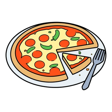 A round pizza on a white plate, divided into eight equal slices. Five slices remain on the plate, while three slices are missing, showcasing the concept of a fraction. The pizza is topped with melted cheese, pepperoni, and green bell peppers. The crust is golden brown and slightly textured. There are small crumbs around the plate, adding a casual touch to the scene. A fork is placed next to the plate, ready for serving.