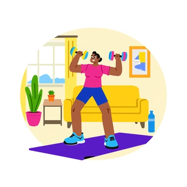 A person lifting a pair of colorful dumbbells in a bright living room. The individual is in an active pose, wearing a fitted workout shirt and shorts. The walls are adorned with motivational posters, and a large window allows natural light to illuminate the room. A yoga mat is rolled out on the floor, and a small potted plant sits nearby. A water bottle rests on a side table, adding to the home workout environment.