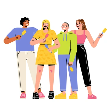 A group of four diverse friends stands together in a bright and colorful setting. Each friend is holding a hairbrush, posing playfully for a fun photo shoot. The first friend has dark curly hair and is wearing a vibrant blue shirt. The second friend, with straight blonde hair, is wearing a patterned yellow dress. The third friend has a buzz cut and is dressed in a green hoodie, while the fourth friend has long brown hair tied in a ponytail, wearing a pink tank top. They are all laughing together, showcasing their joyful expressions, with colorful props scattered around them, enhancing the lively atmosphere.