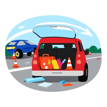 An open car trunk revealing an emergency kit being used at an accident site