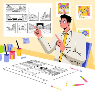 An expert illustrator is shown sitting at a large drawing table covered with various sketches and colorful markers. The illustrator has short, spiky hair and wears glasses, focused intently on a storyboard that features multiple panels. Each panel displays dynamic action scenes, including a hero leaping over a building, a car chase through a city street, and a dramatic battle between characters. The illustrator holds a pencil in one hand and points at a panel with the other, clearly deep in thought. Various art supplies are scattered around, and the wall behind is adorned with vibrant concept art related to the animated film.